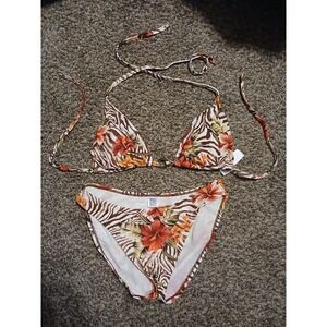 Liquid Blue Womens 2 Piece Swimsuit Bikini Size Large Brown White Striped
